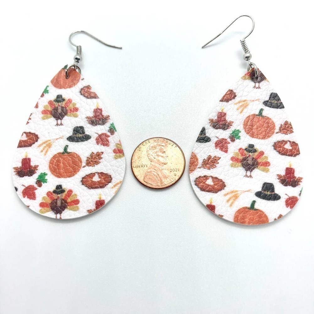 Faux Leather Teardrop Thanksgiving Feast Print Earrings - Picture 3 of 4
